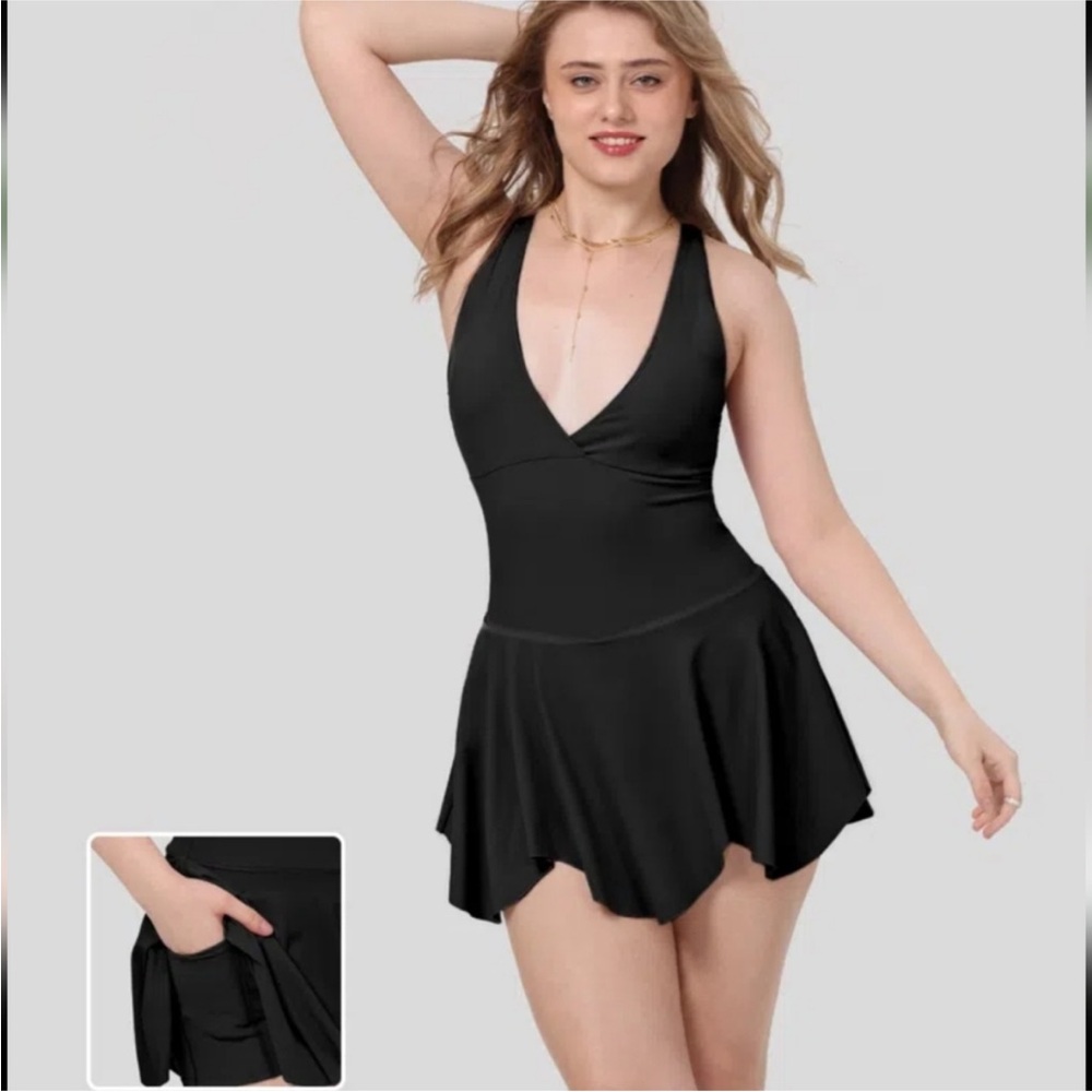NWT Halara Deep V Neck Racerback 2-in-1 Pocket Flare Mini Dress 3X zig zag hem